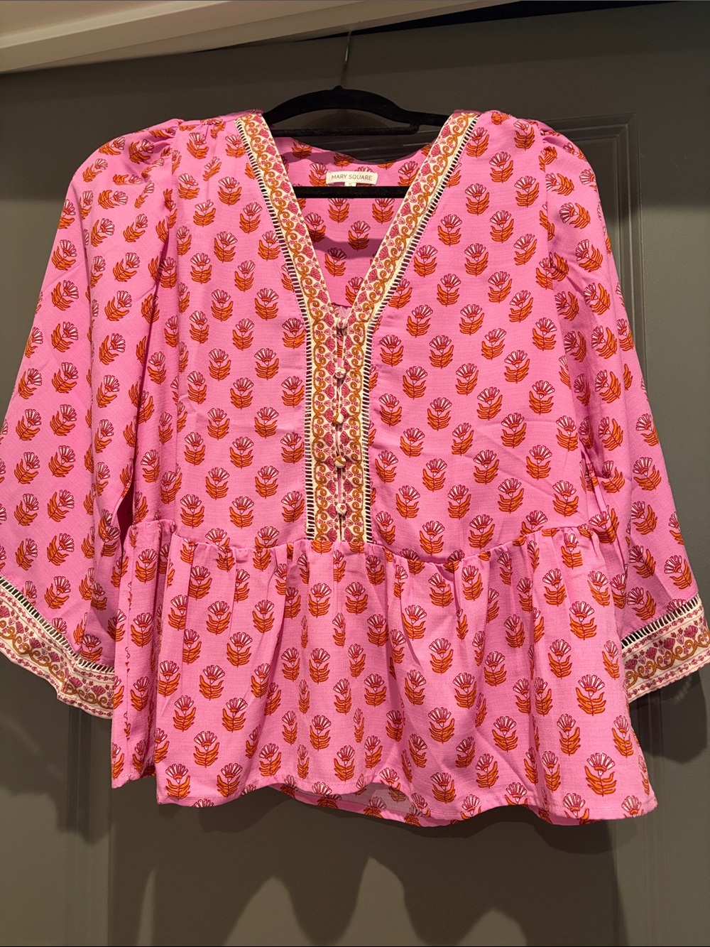 Mary Square Pink V-Neck Printed Peplum Tunic with Orange Motif